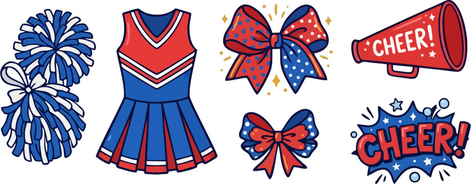 Cheerleader Set &ndash; Colorful Hand Drawn Illustration of Pom Poms, Uniform, Hair Bow, Megaphone and Cheer Text in Red, White and Blue, Cartoon Vector Clip Art