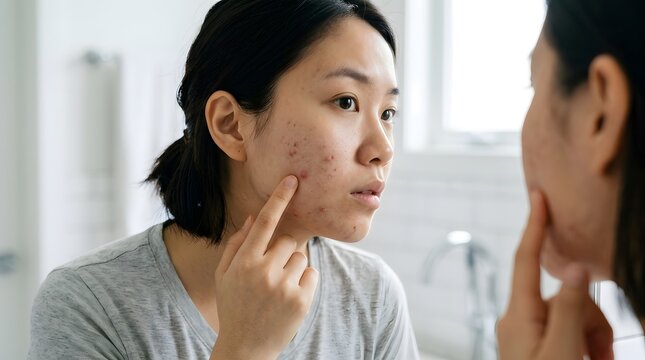 Acne prone skin on young Asian woman looking in bathroom mirror, facial blemishes and pimples on cheek, skincare and dermatology concept