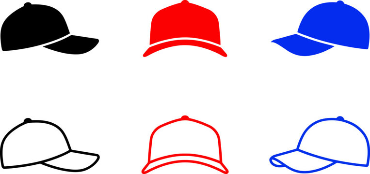 Six colorful baseball caps in solid and outline styles isolated on transparent background