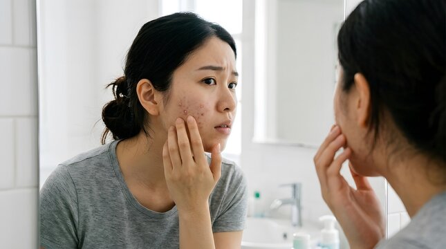Asian woman checking acne on face in bathroom mirror, young female with skin problems and pimples, skincare and dermatology concept