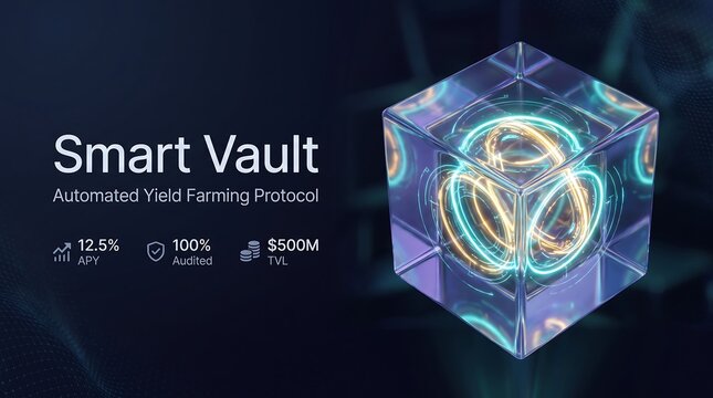 Smart Vault automated yield farming protocol interface, futuristic glass cube with glowing energy core, decentralized finance and crypto investment dashboard