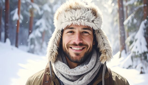 Portrait of a smiling person wearing a fur hat, scarf, and winter coat in a snow-covered forest