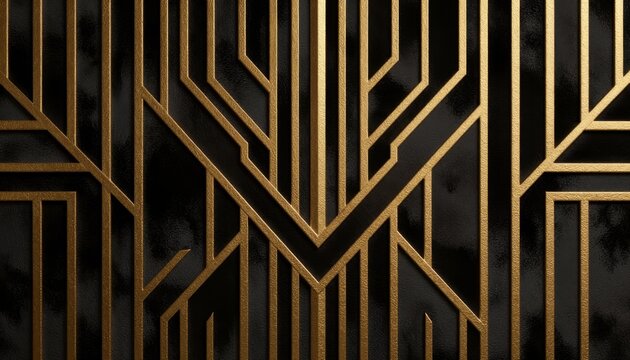 Art Deco Geometric Golden Lines on Black Textured Background