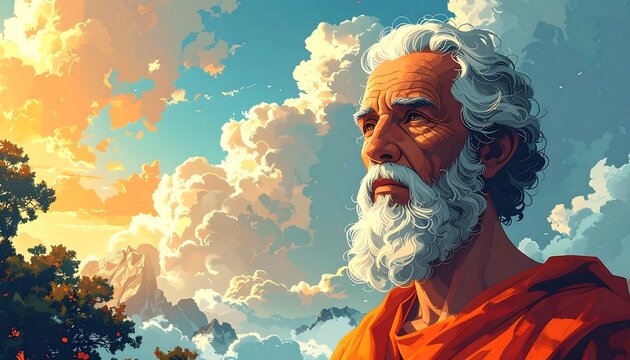 Portrait of a wise, older man with a long white beard, gazing thoughtfully at a vibrant, cloud-filled sky