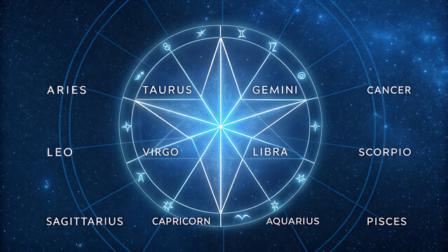 Detailed zodiac wheel with astrological signs and constellations. Celestial chart showing horoscope symbols and star alignments for astrology forec...