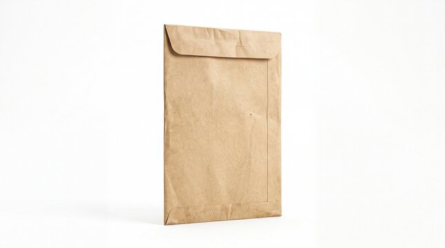 Vertical brown paper mail envelope standing upright with textured surface details isolated on white background
