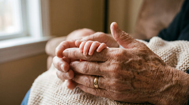 Generational Connection: The delicate hand of a newborn baby tightly clasped by the weathered fingers of an elder, symbolizing a profound bond across generations and the continuation of life.
