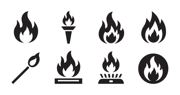 Fire flame collection icons set including burning torch match stick campfire gas stove and round sign.