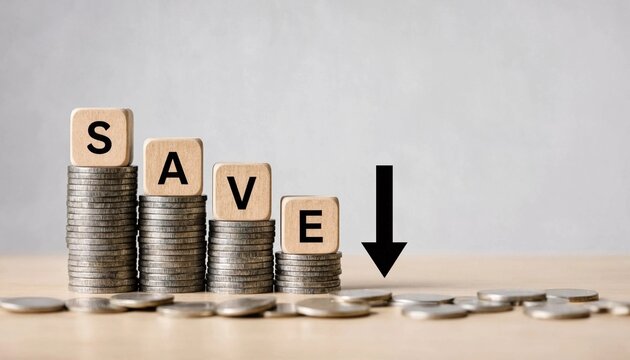 Stacked coins with wooden blocks spelling save showing downward arrow to represent financial savings decrease or spending