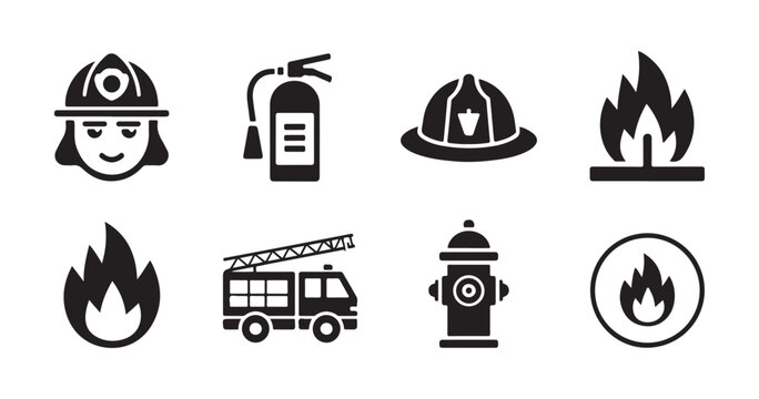 Fire safety collection featuring firefighter head helmet extinguisher truck and water hydrant symbols.