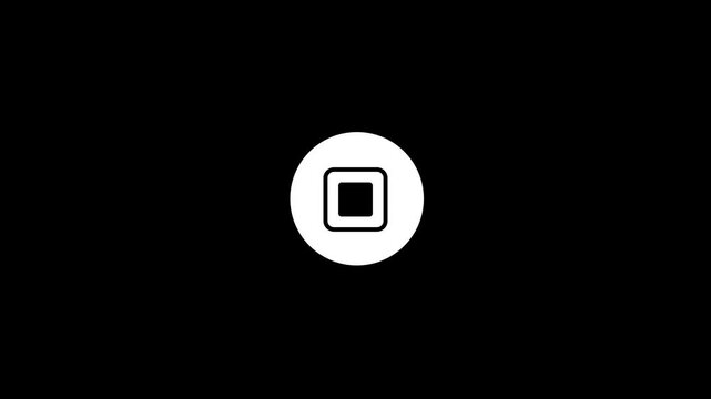Minimalist stop button animation, white circular media control icon on black background, digital video player interface element, flat graphic symbol