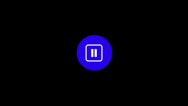 A minimalist white pause symbol with rounded corners is centered within a vibrant electric blue circle against a stark black background, representing media control and digital interface