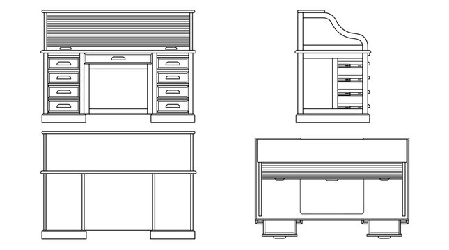 Roll top desk furniture technical drawing blueprint with front side back and top views CAD line art vector illustration