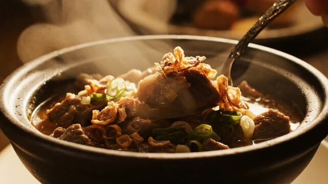 Steaming beef stew in ceramic bowl with metal spoon