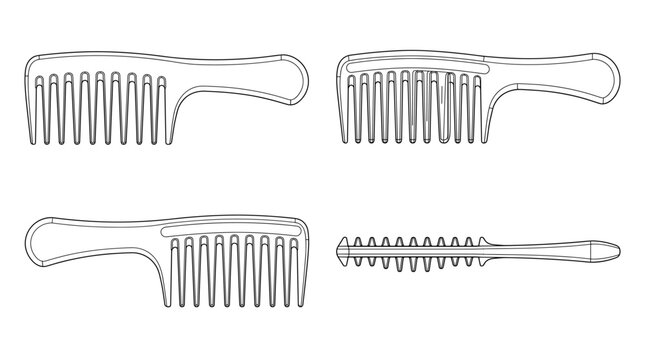 Wide tooth comb grooming tool technical drawing blueprint with front side back and detail views CAD line art vector illustration