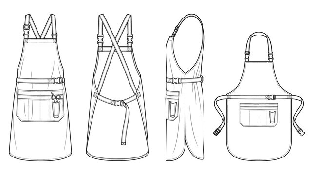 Stylist apron apparel technical drawing blueprint with front back side and detail views CAD line art vector illustration