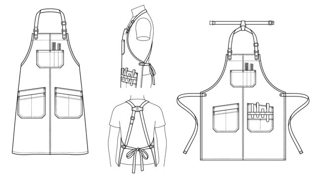 Barber apron apparel technical drawing blueprint with front back side and detail views CAD line art vector illustration