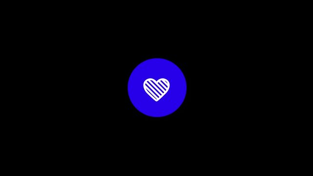 Minimalist heart icon animation, pulsing white striped heart on blue circle, social media like button motion graphic for digital marketing