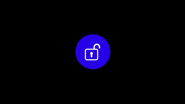 Cybersecurity unlocked padlock icon animation, digital security access granted symbol, blue glowing privacy button on black background