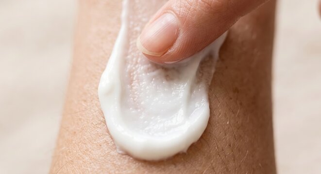Close up of person applying moisturizing cream on skin for daily body care routine to soothe and hydrate dry surface texture for healthy glow wellness