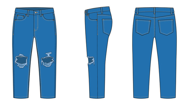 Ripped jeans with front side and back views denim apparel mockup template vector illustration
