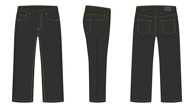 Black jeans with front side and back views denim apparel mockup template vector illustration