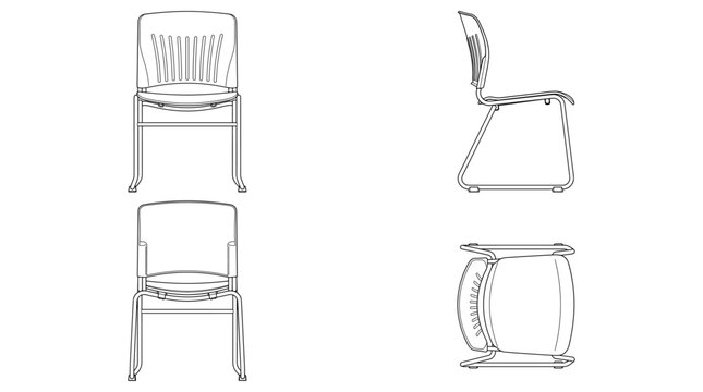 Stacking chair furniture technical drawing blueprint with front side back and top views CAD line art vector illustration