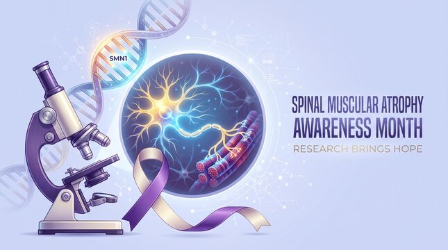 Genetics. Spinal Muscular Atrophy Awareness Month illustration with SMN1 DNA, motor neuron, muscle fibers, microscope and purple awareness ribbon