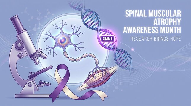 Neurology. Spinal muscular atrophy awareness month illustration with microscope, motor neuron, muscle fiber, SMN1 DNA, purple ribbon and research message