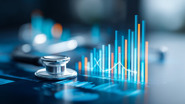 A stethoscope placed beside rising analytical charts, representing healthcare analytics
