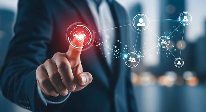 Businessman touching a digital interface with a handshake icon inside a heart, representing partnership, trust, and professional networking in a corporate environment