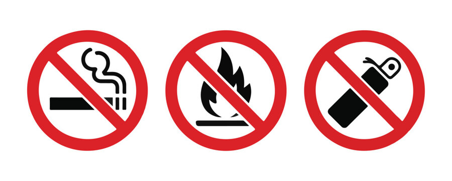 Set of prohibited actions featuring smoking and fire hazard icons for industrial safety signage usage.