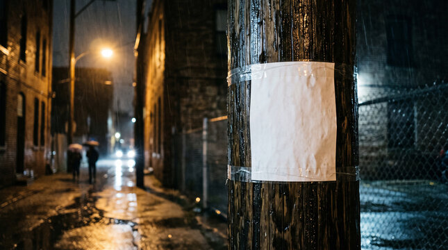 Blank Poster in Rainy Alley: A stark white poster is affixed to a wooden pole in a dark, rain-slicked alleyway, with blurred figures holding umbrellas in the background.