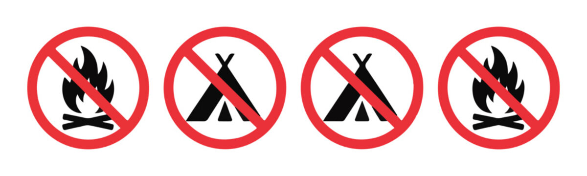 Set of fire prohibition signs with campfires and tents representing no camping or open flame rules.