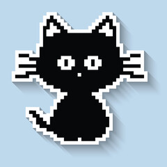 Fototapeta premium Black cat long shadow sticker 8 bit vector icon for computer game logo