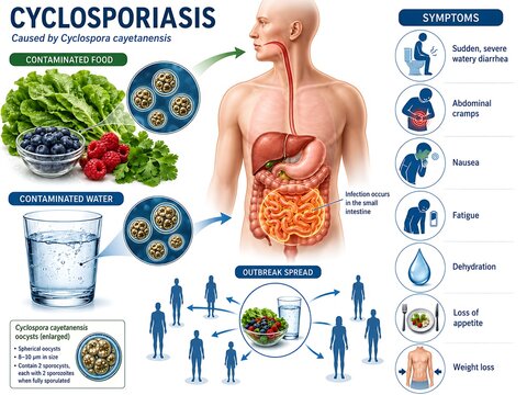 Cyclosporiasis Transmission and Symptoms Medical Infographic