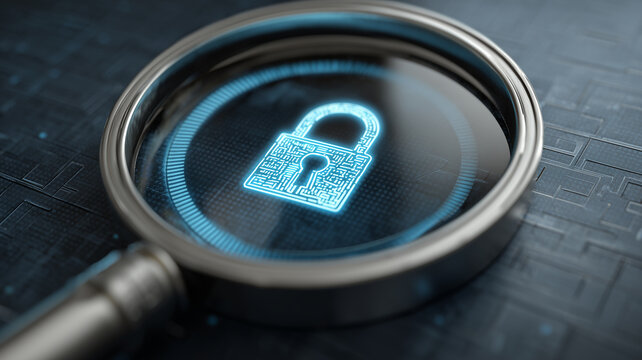 A magnifying glass focused on a digital padlock interface, representing cybersecurity auditing, access control
