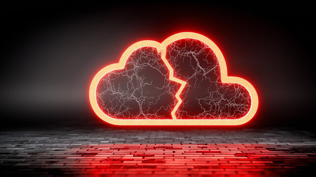 A fractured cloud symbol glowing above a digital surface, representing cloud service failure, data loss, network disruption, and vulnerability within online infrastructure.
