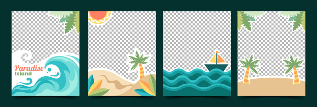 Set of tropical summer social media templates. Modern flat vector design usable for travel promotion, vacation campaigns, tourism marketing, beach resorts, summer events, and social media branding.