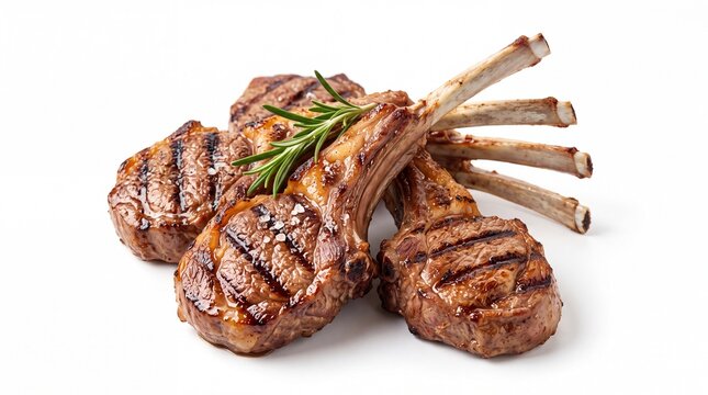 Delicious grilled lamb chops garnished with fresh green rosemary sprigs resting on white background
