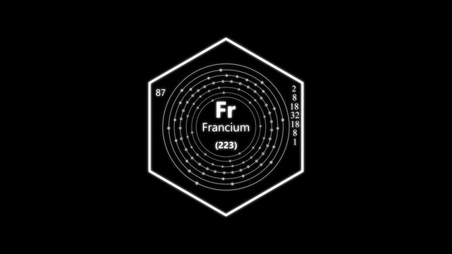 Francium symbol with atomic structure diagram, hexagonal border and electron shell configuration on a black background