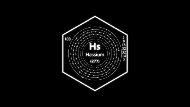 Hassium chemical symbol with atomic structure diagram, hexagonal frame and electron shell configuration on black background