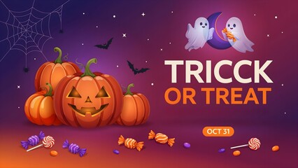 Fototapeta premium Trick or Treat Halloween Vector Banner with Cute Ghosts Pumpkins and Sweets on Purple