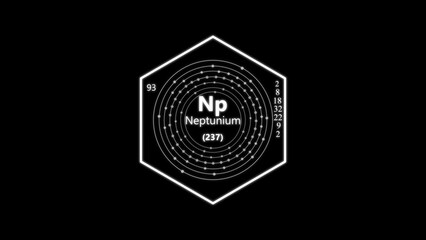 Neptunium chemical symbol with atomic number, electron shell configuration, and nucleus diagram in a hexagonal frame © سانوور