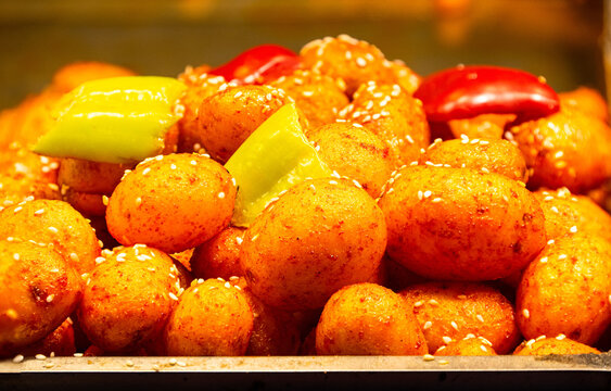 Close up of tasty chinese baked balls with meat or shrimps