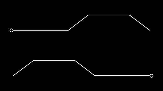 Minimalist white linear circuit path with circular nodes on a solid black background