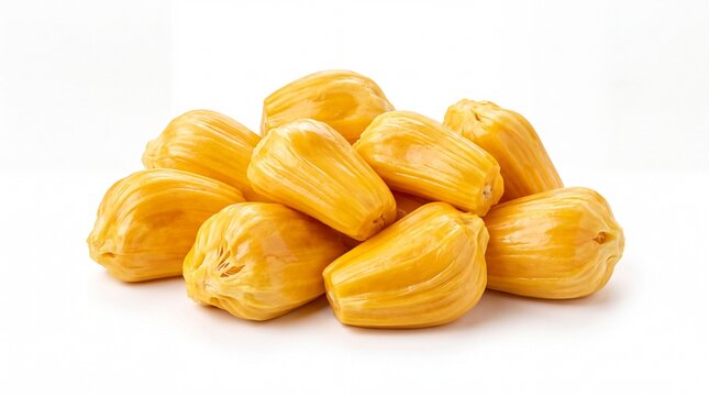 Several fresh yellow jackfruit bulbs arranged in a pile isolated on white background