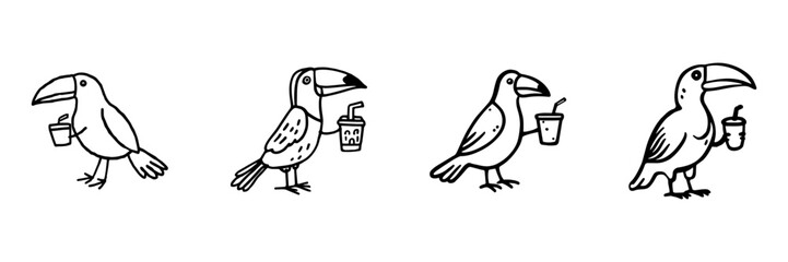 Obraz premium Toucan And Bird With Drink Hand Drawn Doodle Icon Set. Tropical Bird Holding Cup And Beverage Sketch Symbol Collection. Wildlife And Cafe Mascot Use. Isolated Vector Illustration
