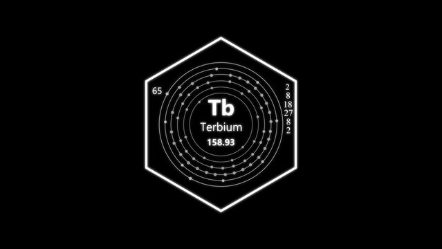 Terbium chemical symbol tb with atomic number 65 and electron shell configuration in a hexagonal frame on black background