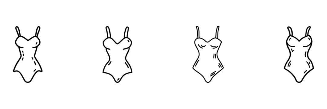 Female Lingerie And Underwear Hand Drawn Doodle Icon Set. Bra, Corset, Bodysuit And Fashion Apparel Sketch Symbol Collection. Clothing And Intimate Wear. Isolated Vector Illustration